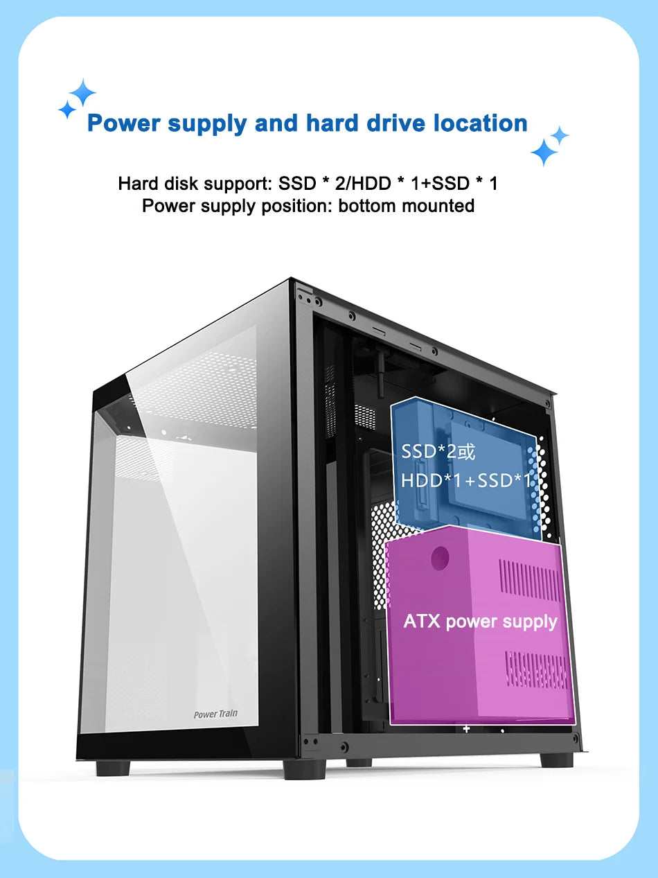 Power Train Star Realm M-ATX Desktop Computer Case Without Pillars Three Sided Glass Panoramic Sea View Room 240 Water Cooling