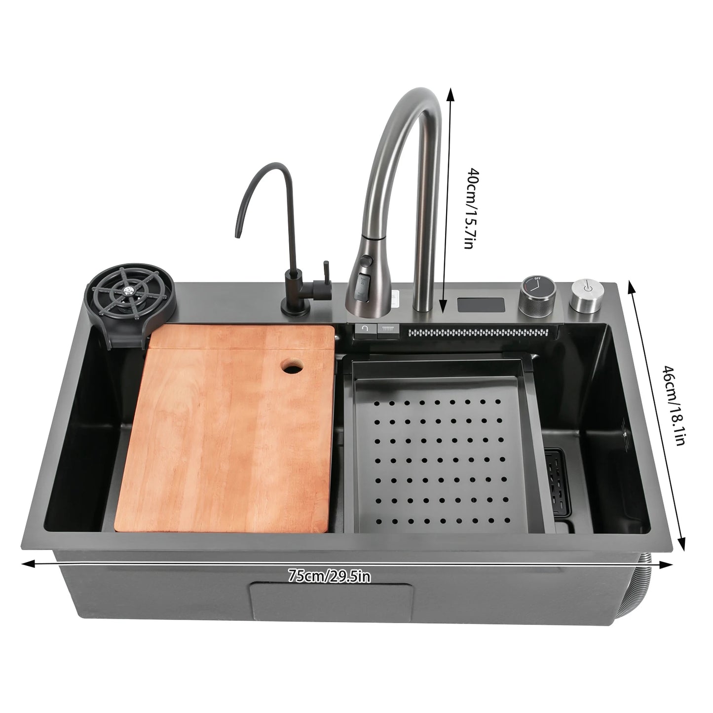 75*46CM Stainless Steel Waterfall Kitchen Sink with Pull Out Faucet,Soap Dispenser,Cup Washer