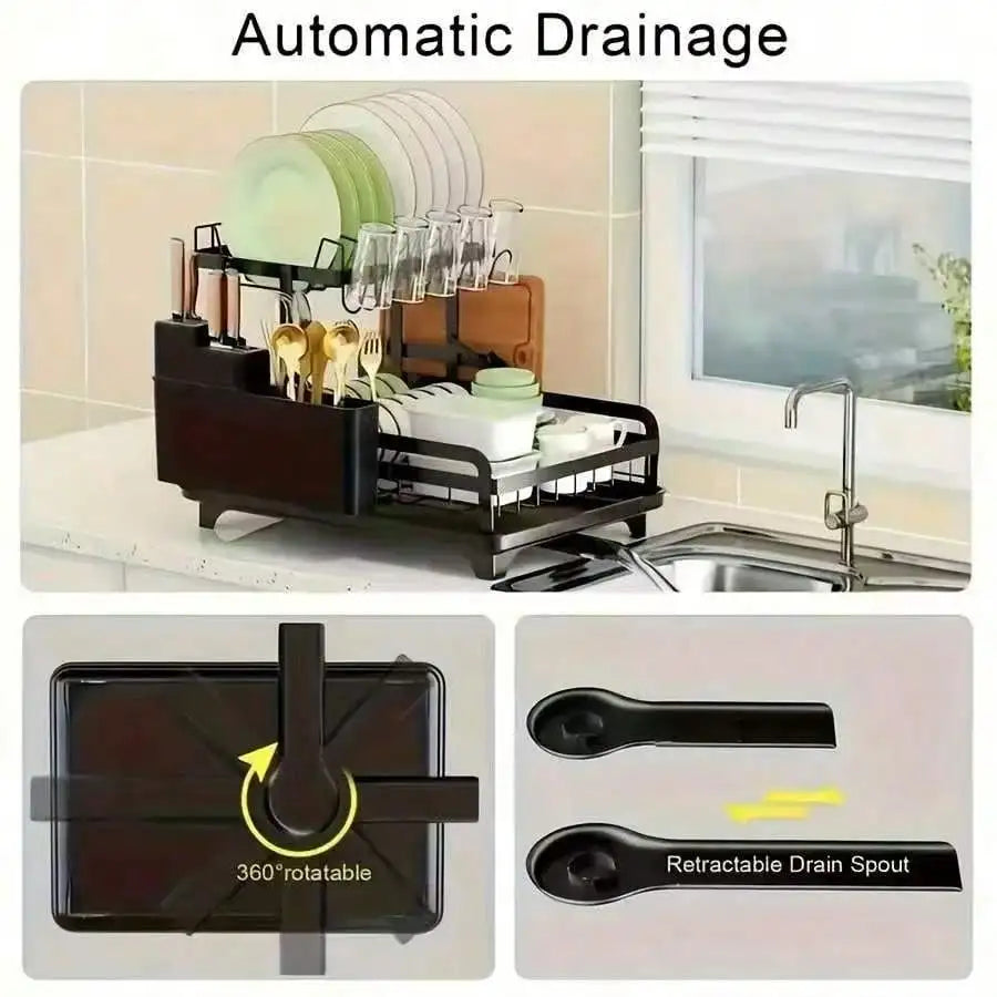 2 Tier Multifunctional Dish Drying Rack,Escurridor De Platos Para Fregadero,Stainless Steel Kitchen Dish Drainer With Drainboard