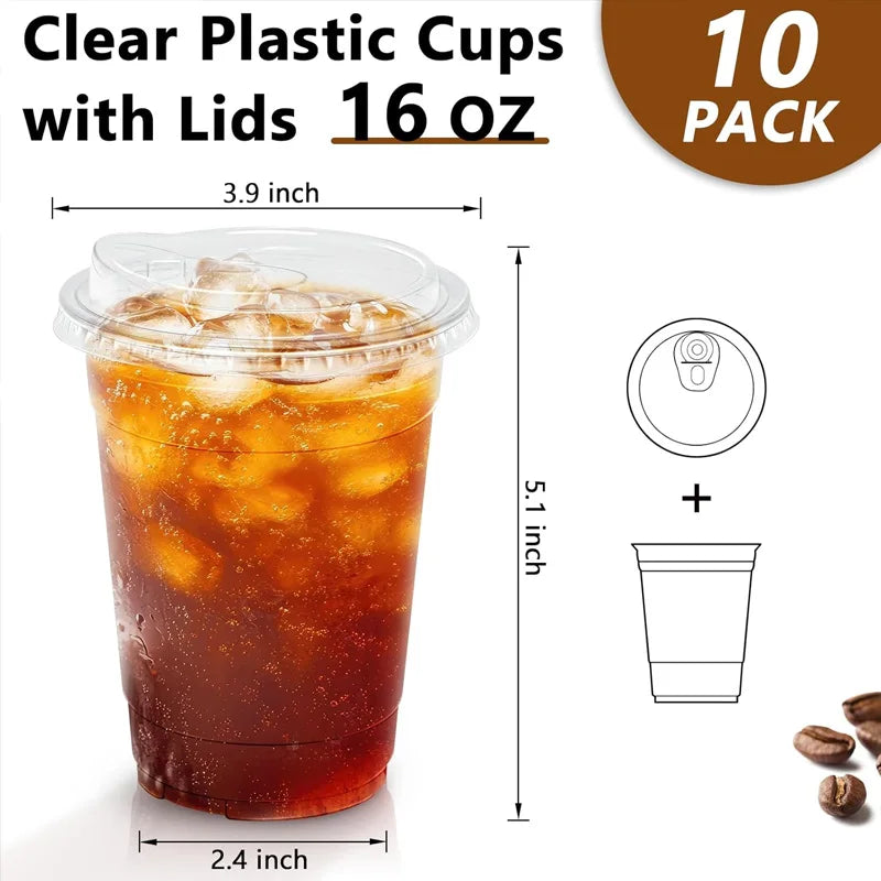 10-Pack Disposable Clear Plastic Coffee Cups with Lids - Food-Grade Leak-Resistant for Hot/Cold Drinks Home Office Parties