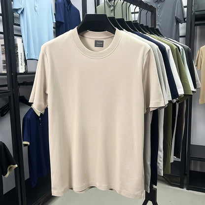 High quality luxury short sleeve T-shirt summer breathable cool silk cotton fashion solid color round neck top casual men's wear