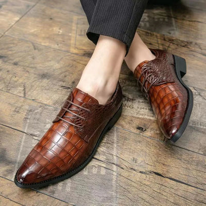 Mens Brown Crocodile Embossed Leather Dress Shoes Pointed Toe Lace Up Oxfords Formal Business Office Wedding Party Wear Comforta