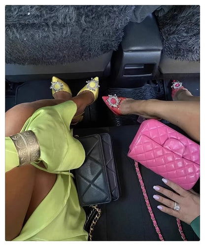 2025 European and American Women's New Silk Sunflower Crystal Diamond Buckle High Heels Horseshoe Heel Women's Sandals