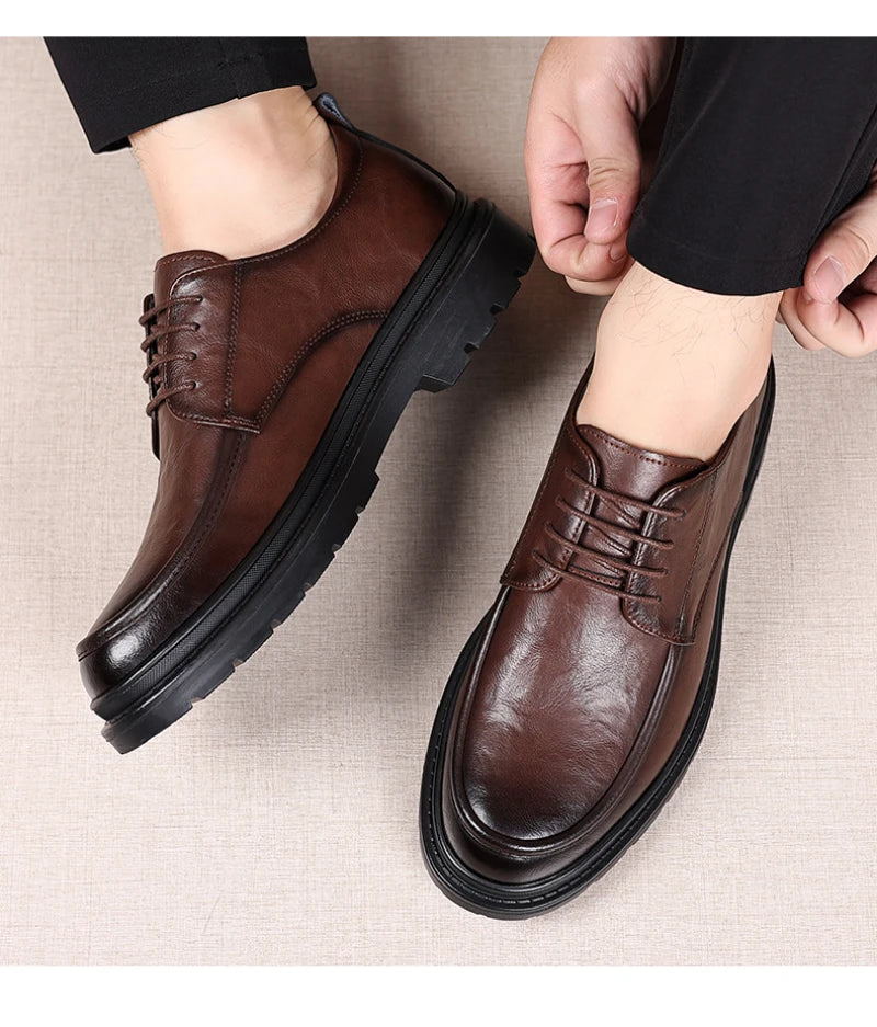 Mens Black Wrinkled Leather Apron Toe Lace Up Dress Shoes Thick Lug Sole Chunky Formal Business Office Work Daily Wear Shoes