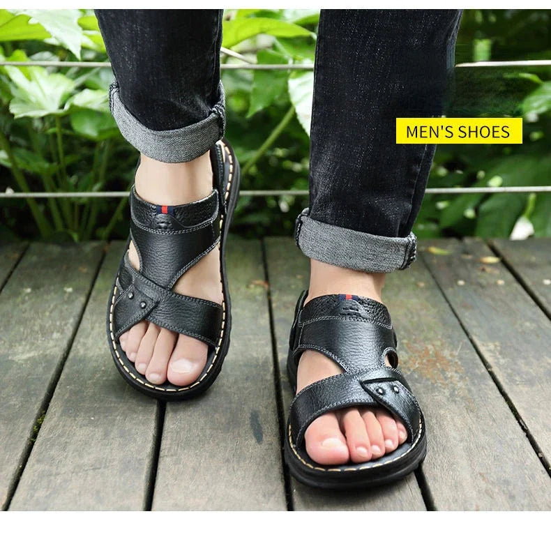 Summer New Men's Leather Sandals, Leather Anti Slip Men's Shoes Slippers, Outdoor Thick Soled Beach Shoes Men's Shoes Sandals