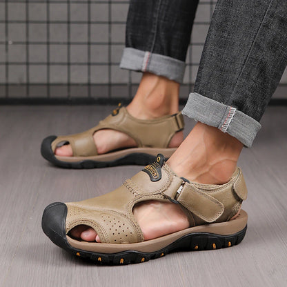 2025 Large-Size Leather Men's Shoes Summer Sandals Casual Outdoor Head Beach Shoes Comfortable Breathable Hollow Velcro Patch