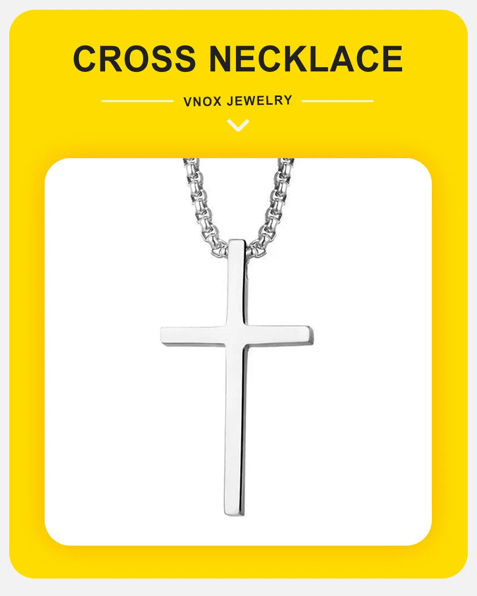 Vnox Cross Necklace for Men Women, Silver Color Plain Alloy Metal Cross Pendant Collar with Stainless Steel Box Chain