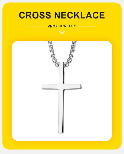 Vnox Cross Necklace for Men Women, Silver Color Plain Alloy Metal Cross Pendant Collar with Stainless Steel Box Chain