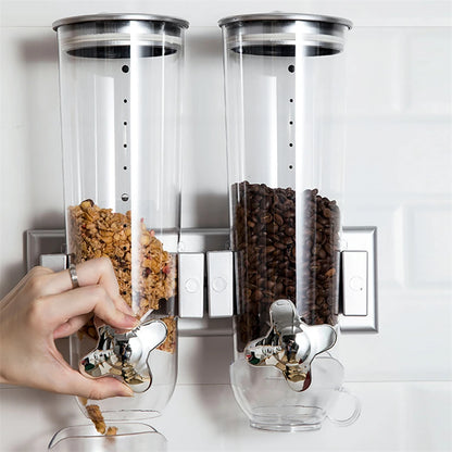 Wall-mounted 2 Barrel Cereal Dispenser, Food Grain Storage Tanks, Cereal Distributor with 2 Cups, Coffee Beans Rice Container