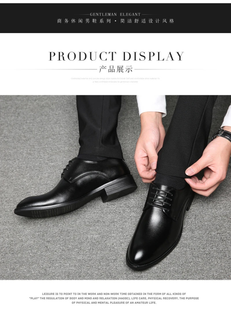Mens Breathable Leather Dress Shoes Formal Business Footwear Pointed Toe Lace Up Flat Sole Groom Wedding Shoes Simple Leisure