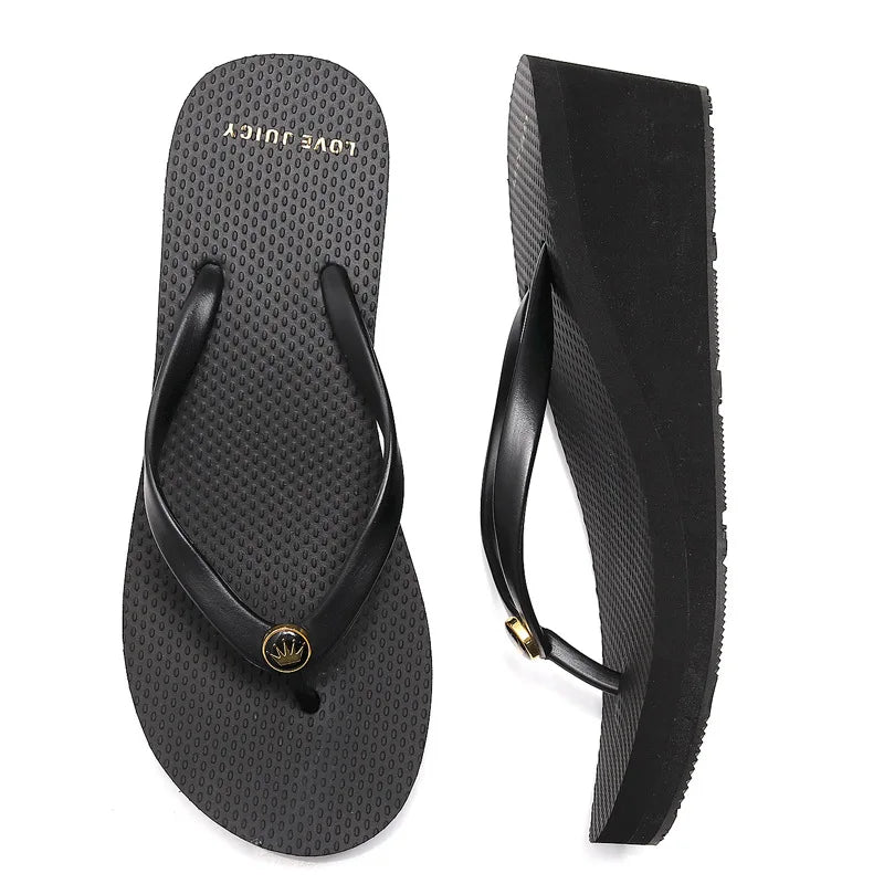 33-43 Summer New 2025 Women Slope Heel Flip Flops For women Tall 6cm Anti Slip Thick Bottom Height Increasing Beach Sandals Sxey