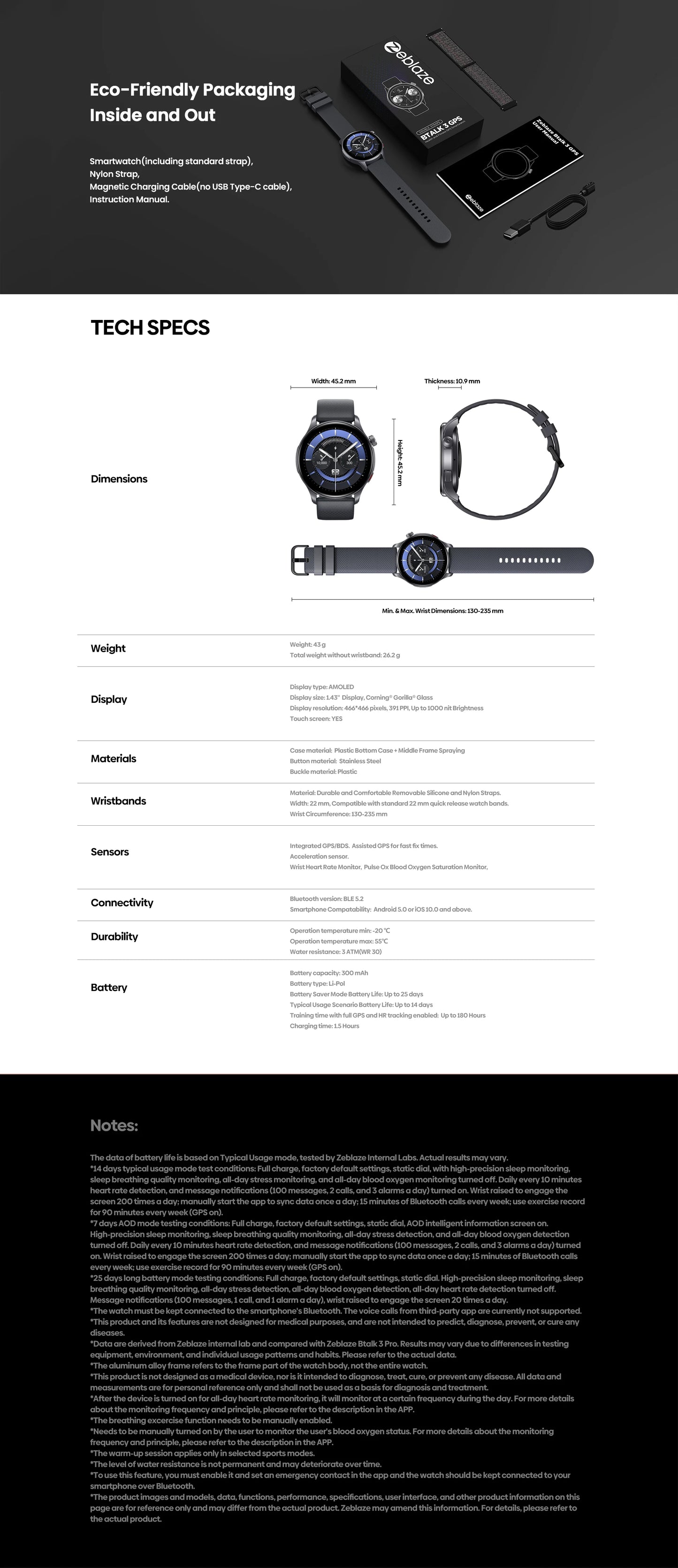 New Zeblaze Btalk 3 GPS Smartwatch 1.43" AMOLED Screen Dual Strap Make/Answer Phone Calls Heart Rate SpO2 Stress Tracking Watch