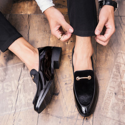 Mens Formal Navy Blue Velvet Patent Leather Loafers With Gold Horsebit Accent Flat Heel Comfortable Non Slip Breathable Business