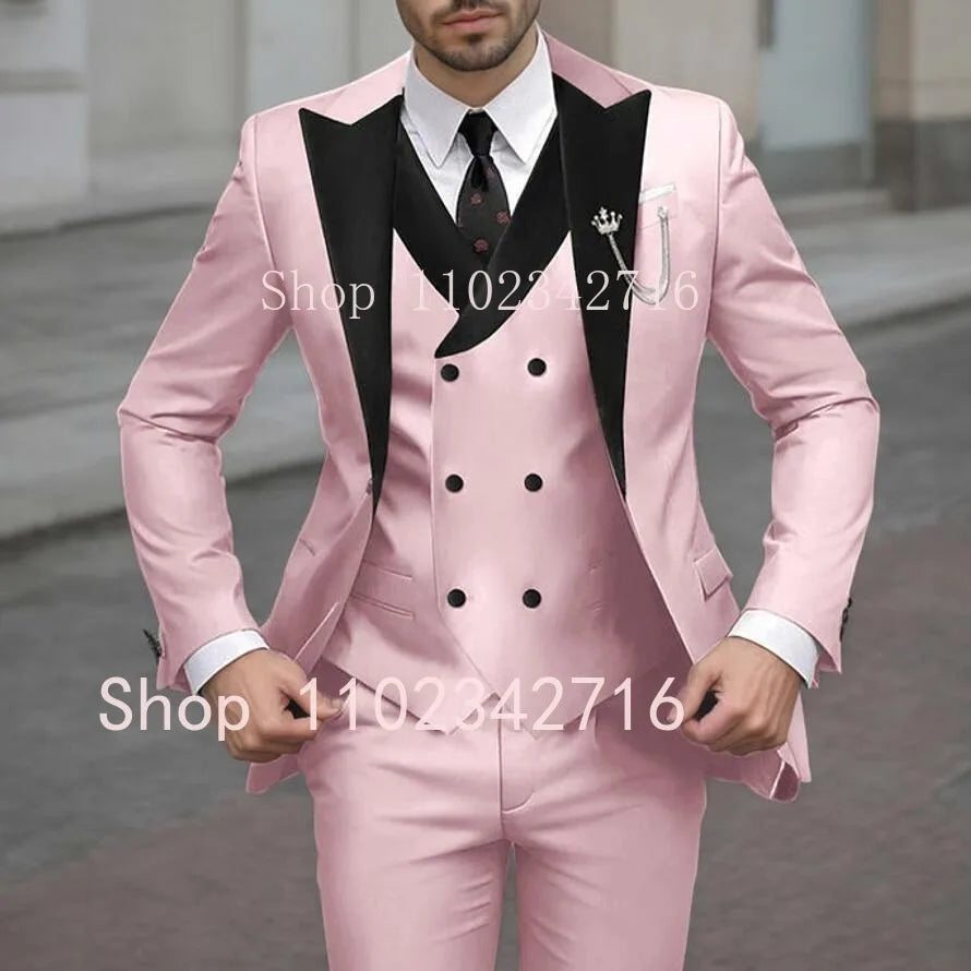 New Classic Beige Single Breasted Suits For Men Black Lapel Slim Fit Wedding Suit Groomsmen Formal Prom Party Suits 3 Piece Sets