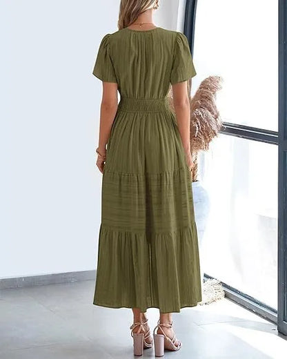 Summer Solid Color V-neck Tight Waist Dress French Style Elegant Pleated Large Swing Long Dress Casual Vacation Style Slimming M