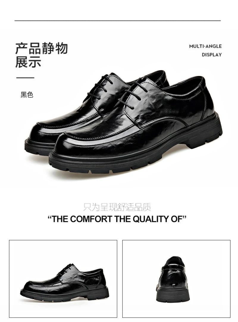 Mens Black Genuine Leather Wrinkled Lace Up Chunky Sole Formal Business Oxfords Casual Daily Wear Dress Shoes Stylish And Simple