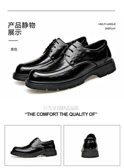 Mens Black Genuine Leather Wrinkled Lace Up Chunky Sole Formal Business Oxfords Casual Daily Wear Dress Shoes Stylish And Simple