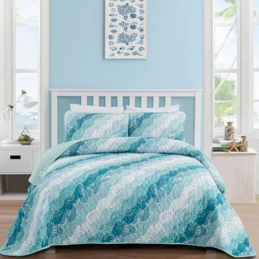 Summer Quilt Set Size Ocean Beach Themed Bedding Set Seawave Seashell Conch Starfish Microfiber Lightweight Bedspread Coverlet
