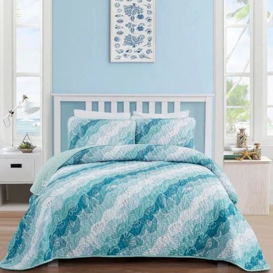 Summer Quilt Set Size Ocean Beach Themed Bedding Set Seawave Seashell Conch Starfish Microfiber Lightweight Bedspread Coverlet