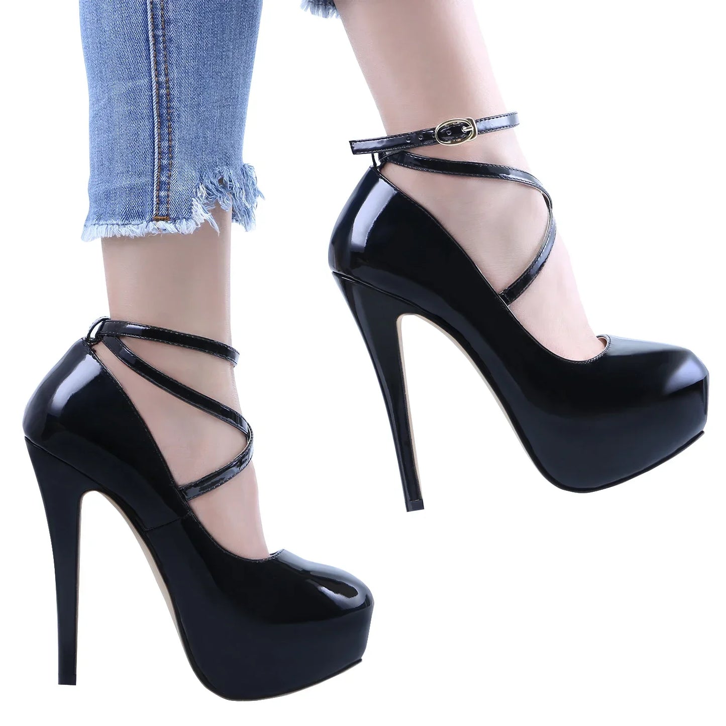 2026 New Women Pumps 14cm Super High heels ankle Strap Patent Leather Platform Sexy  Party Dress Red Wedding Shoes