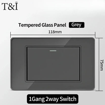 118*75mm TEMPERED GLASS SWITCH PANEL Wall Socket with USB Type - C, Grey US Switch, Thai Plug for Home & Office Use