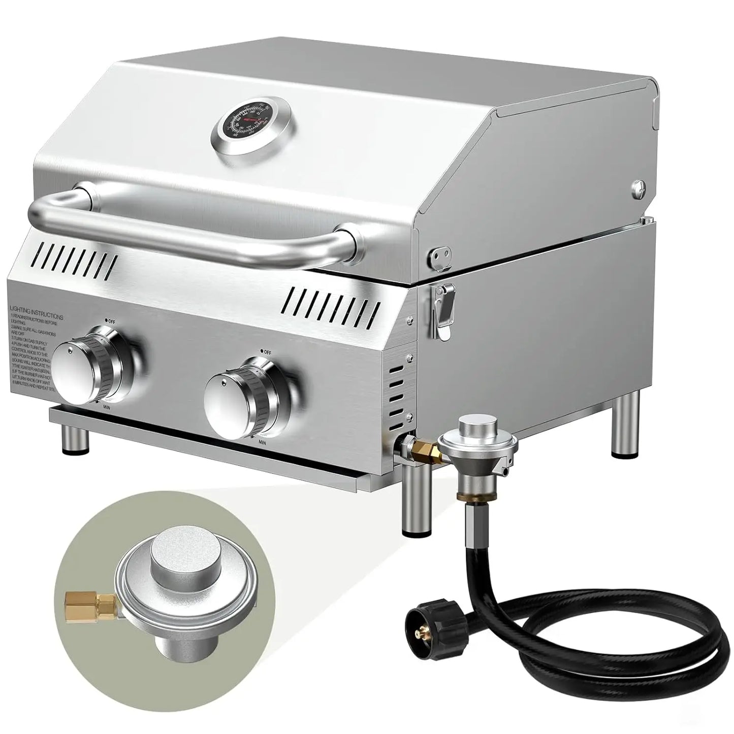 20000 BTU Porterhouse Tabletop Gas Grill 2 Burners Stainless Steel BBQ with Glass Lid Portable Outdoor, Customized
