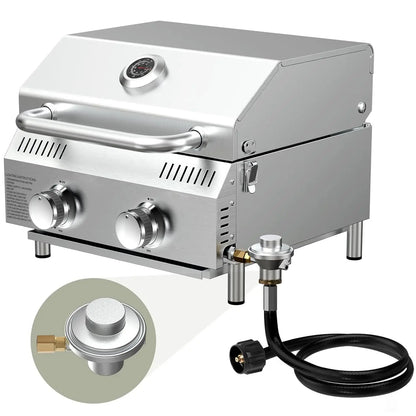 20000 BTU Porterhouse Tabletop Gas Grill 2 Burners Stainless Steel BBQ with Glass Lid Portable Outdoor, Customized