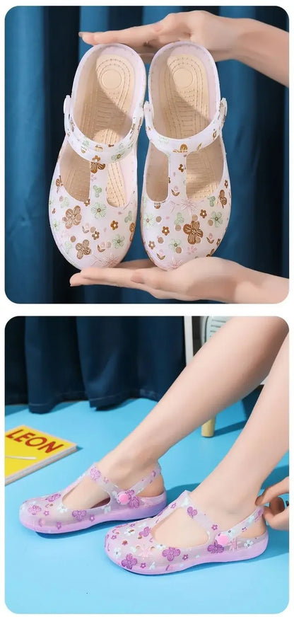 2025 Summer Printed Hole Shoes Women Sandals Ladies Jelly Shoes Cool Slippers Women Outer Wear Ladies Covered Toe Sandals 36-41
