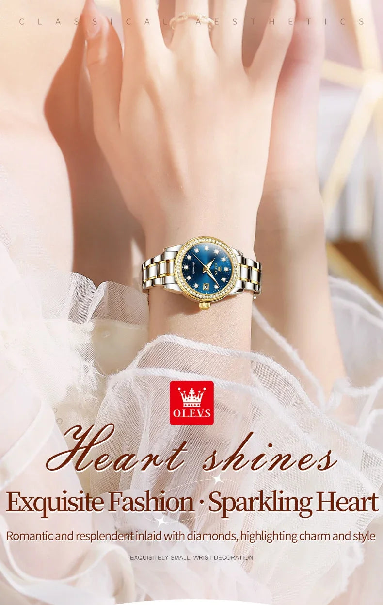 OLEVS 7003 Women Automatic Watch Waterproof Luminous Calendar Mechanical Ladies Wristwatch Steel Strap Luxury Watch Women