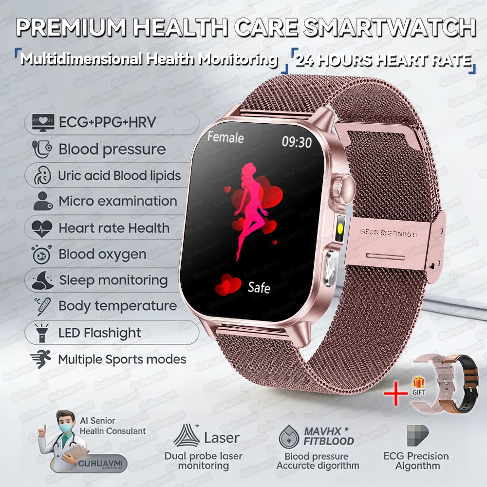 New Professional Health Watch Blood Pressure 2.01"AMOLED Screen Uric Acid Blood Lipids Flashlight Care Smart Watches for Women