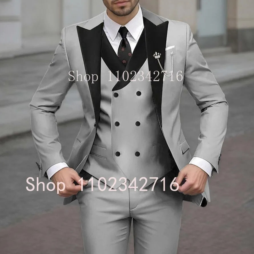 New Classic Beige Single Breasted Suits For Men Black Lapel Slim Fit Wedding Suit Groomsmen Formal Prom Party Suits 3 Piece Sets