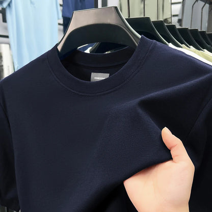High quality luxury short sleeve T-shirt summer breathable cool silk cotton fashion solid color round neck top casual men's wear