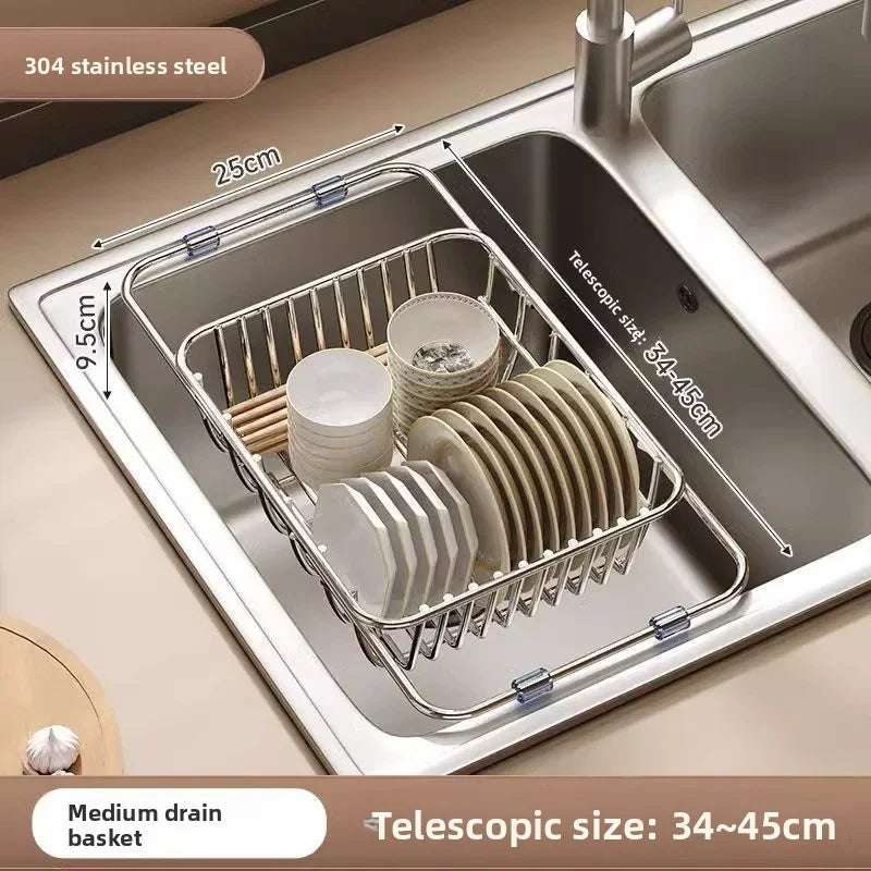 Telescopic Stainless Steel Sink Drain Basket Dishwashing Rack Kitchen Storage Organizer for Utensils and Dishes