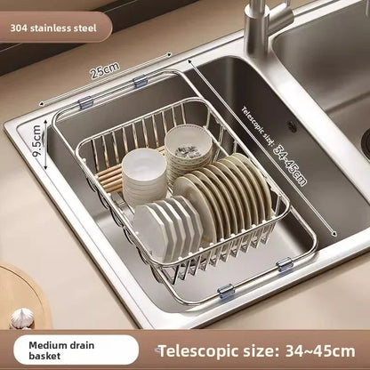 Telescopic Stainless Steel Sink Drain Basket Dishwashing Rack Kitchen Storage Organizer for Utensils and Dishes