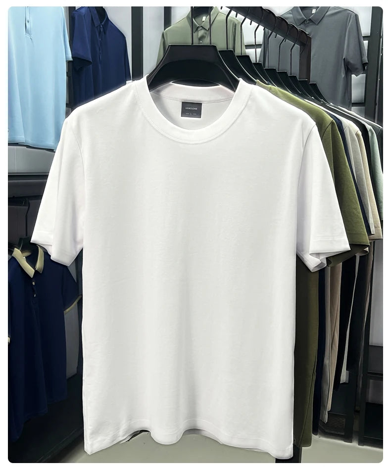 High quality luxury short sleeve T-shirt summer breathable cool silk cotton fashion solid color round neck top casual men's wear