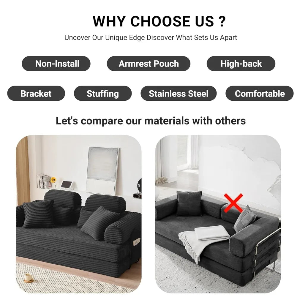 78.8in Convertible Corduroy Sleeper Sofa Bed High Backrest 5-in-1 Side Pocket Living Room No Assembly Removable Washable, Custom