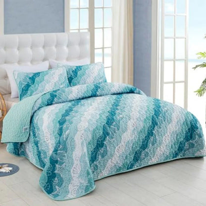Summer Quilt Set Size Ocean Beach Themed Bedding Set Seawave Seashell Conch Starfish Microfiber Lightweight Bedspread Coverlet