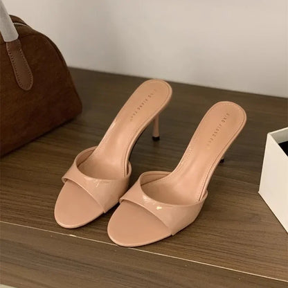 Wine Red Patent Leather Women Slippers Sandals Fashion Round Open Toe Thin High Heels Mules Slides Summer Party Dress Shoes