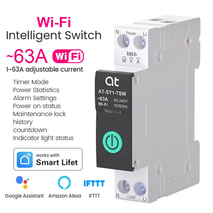Tuya WiFi Circuit Breaker Smart 1P+N 63A  MCB Timer Power Energy kWh Voltage Current Meter Protector Voice Remote Control Switch
