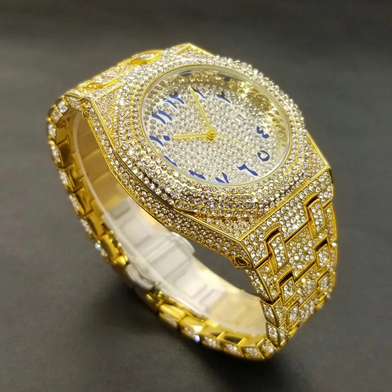 New Arab Number Brand Watch For Men Luxury Fully Diamond Bling Mens Quartz Watches Fashion Iced Out Silver Waterproof Male Clock