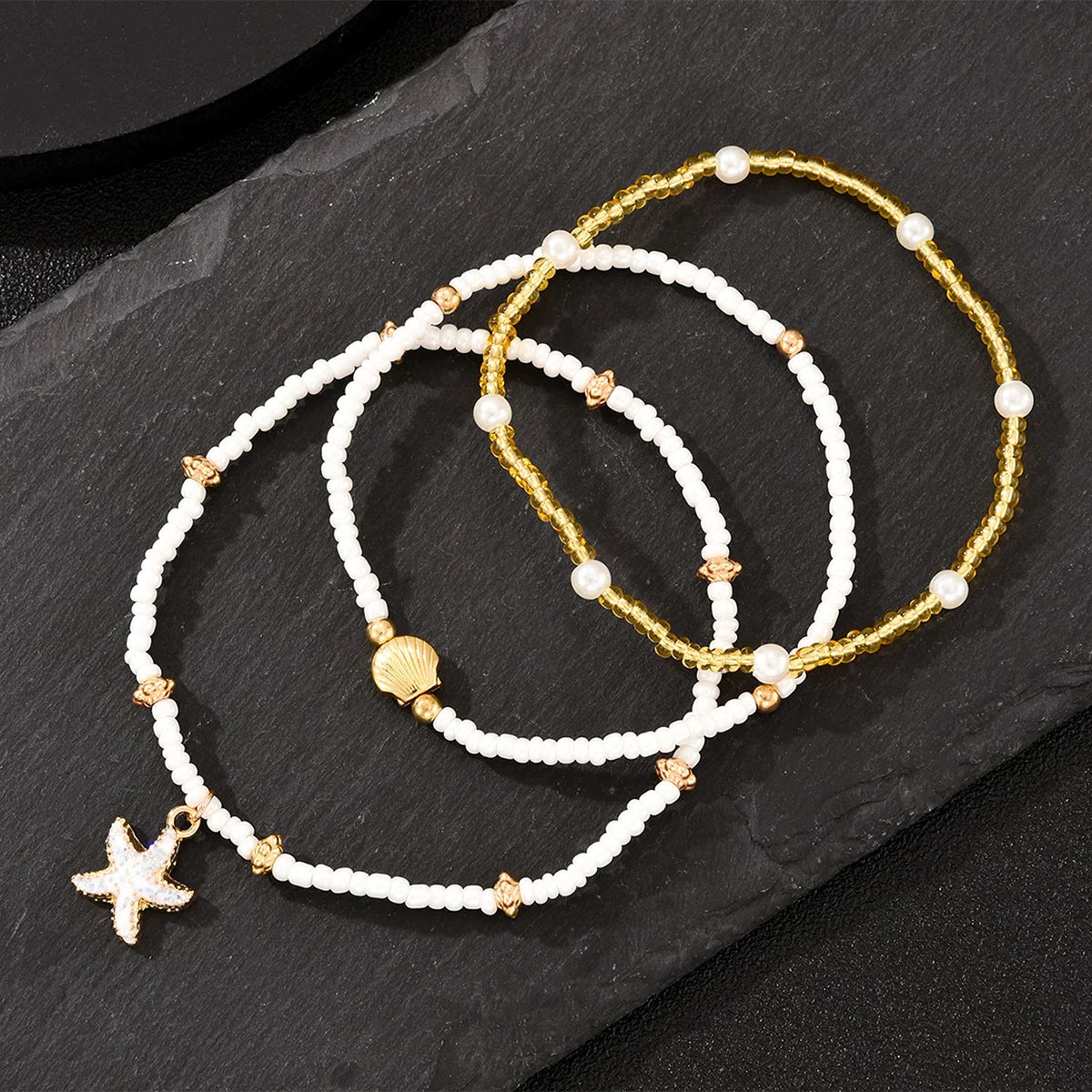 3Pcs/Set Bohemian Starfish Rice Beads Shell Anklet Set for Women Summer Gold White Color Multilayer Anklet Vacation Jewelry Gift