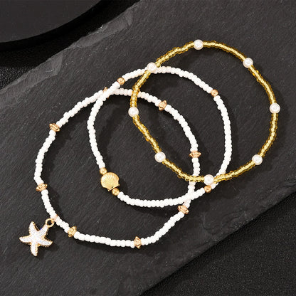 3Pcs/Set Bohemian Starfish Rice Beads Shell Anklet Set for Women Summer Gold White Color Multilayer Anklet Vacation Jewelry Gift