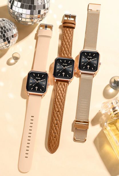 Sunkta Fashion Elegant Woman Watch Square Luxury Retro Silicone Belt Auto Date Casual Waterproof Luminous Quartz Watches for Men