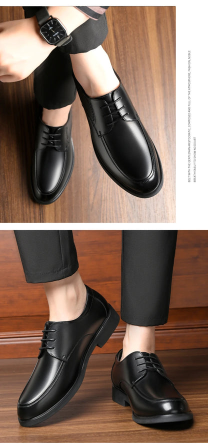 Mens Black Genuine Leather Lace Up Chunky Platform Oxfords Formal Business Office Groom Wedding Daily Wear Shoes Fashion Simple