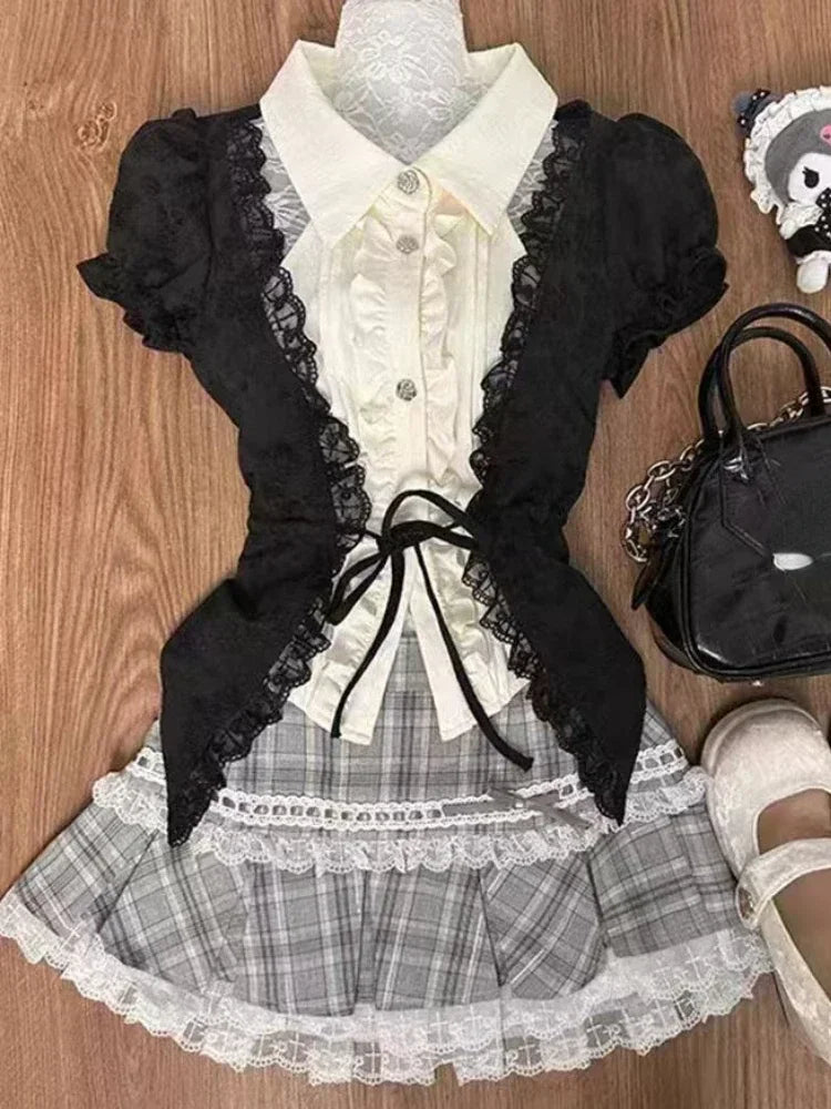 Summer Sweet Preppy Style 2 Piece Sets Women Y2k Kawaii Lolita Design Tops + High Waist Chic Skirt Female Princess Retro Outfits