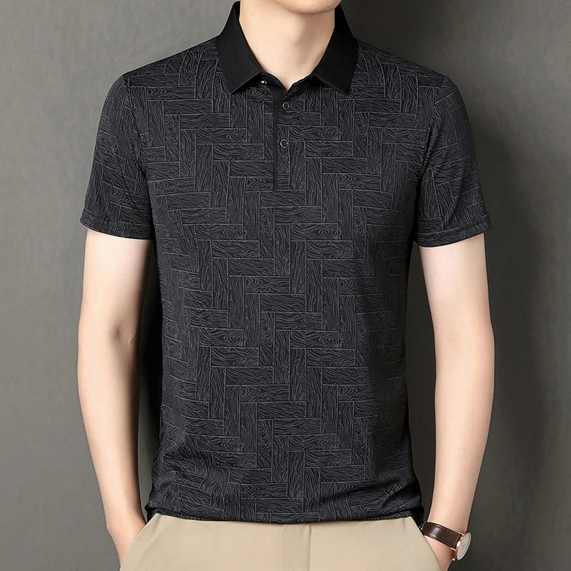 Men's Comfortable Short Sleeve Polo Shirt Weave Pattern Contrast Collar Design 2026 Casual Daily Office Fashion Top