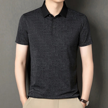 Men's Comfortable Short Sleeve Polo Shirt Weave Pattern Contrast Collar Design 2026 Casual Daily Office Fashion Top
