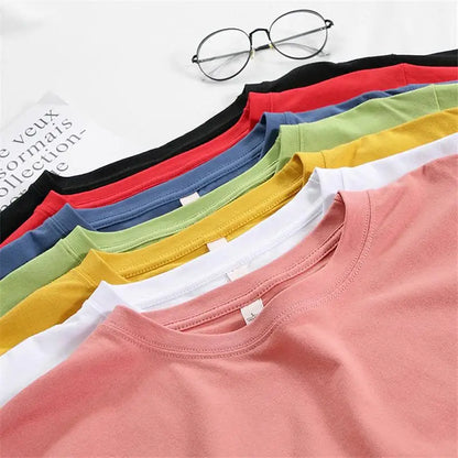 Women Cotton T-Shirt Summer Oversized Solid Tees Candy Color Loose Tops