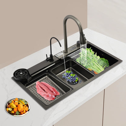 201 Stainless Steel Nano Black Sink with Digital Pull-out Faucet Anti-Splash Large Single Basin Noise Proof & Anti-Condensation
