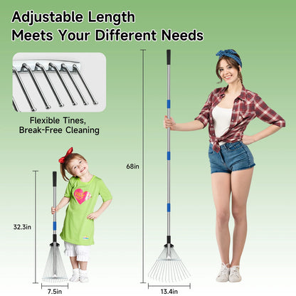 160CM Metal Garden Rake With Adjustable Handle for Leaves, Thatch, and Lawns - Heavy Duty Leaf Collector for Garden and Yard